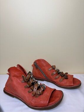A.S.98 Orange Leather Open-Toe Buckle Sandals Size 38